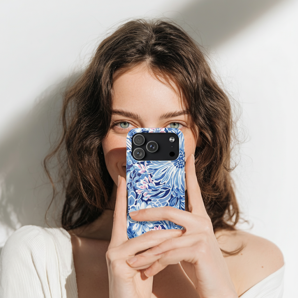 Woman holding a phone with a blue floral Huntington Tough case against a white background