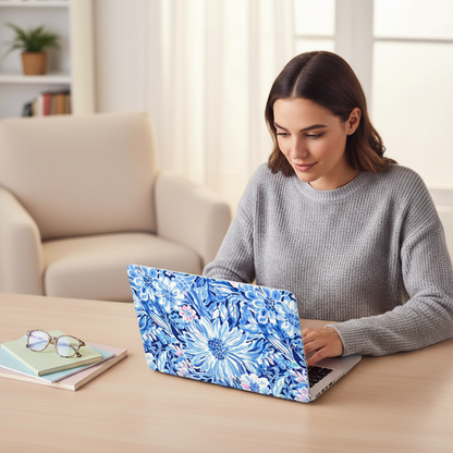Woman using a laptop with a blue floral design on the cover in a cozy living room.