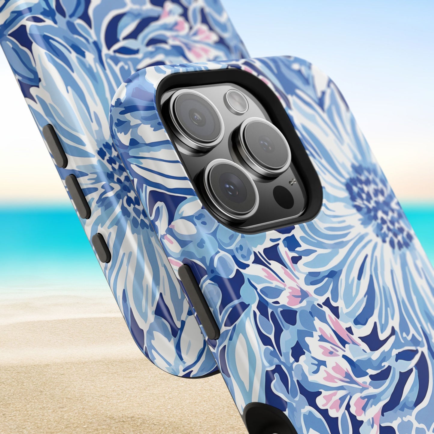 Top and bottom views of Huntington MagSafe Tough phone case with beach background