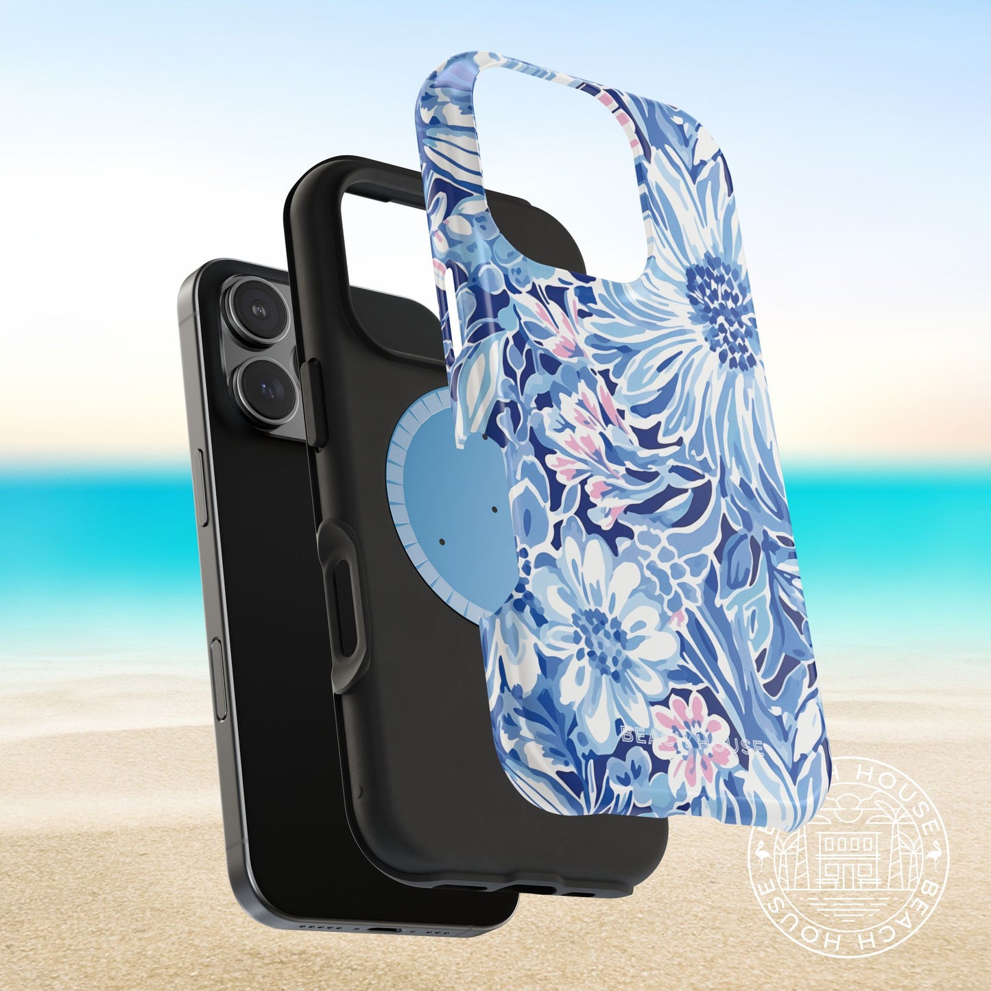 Layers of Huntington MagSafe Tough phone case with a blurred beach background