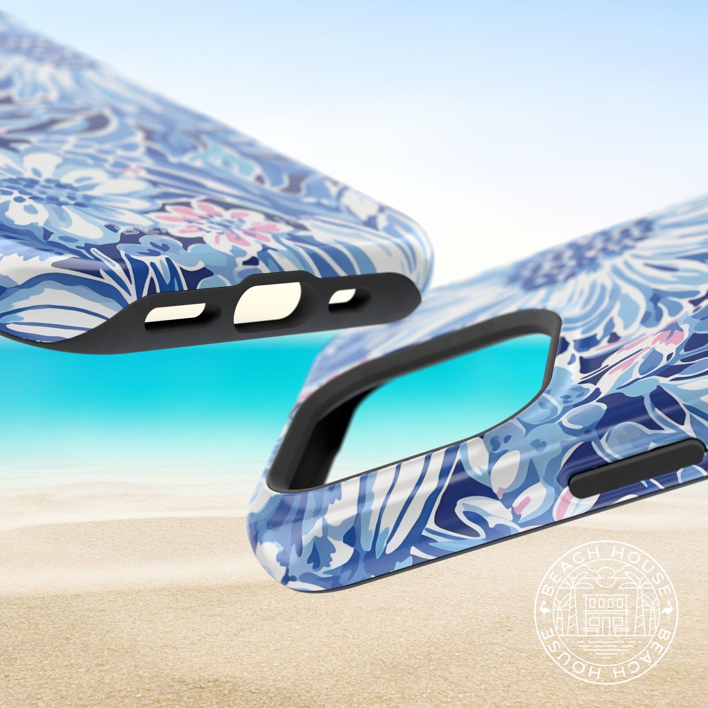 Blue floral phone case on a beach background