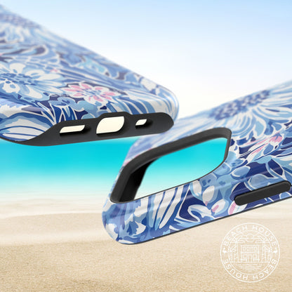 Blue floral phone case on a beach background