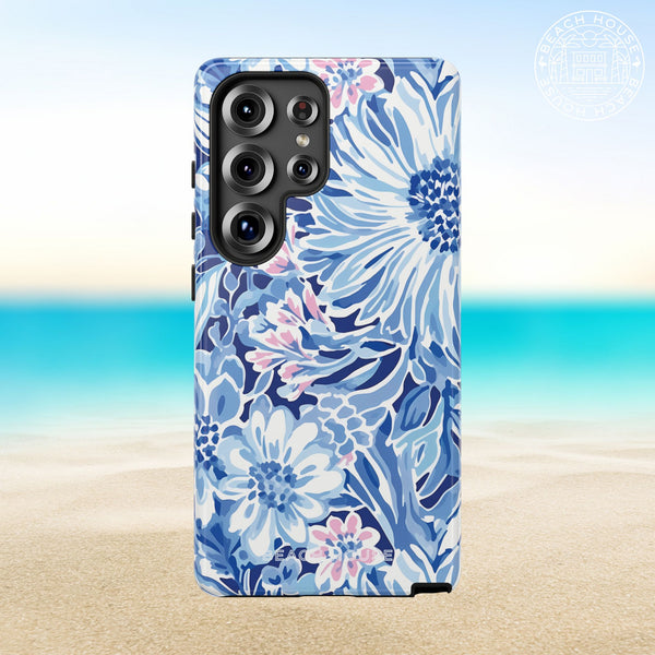 Huntington Tough Case for Galaxy with blue floral design on a beach background
