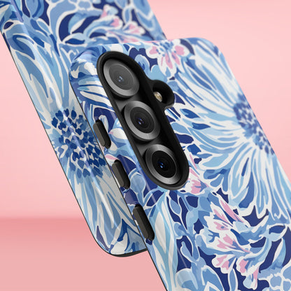 Close up views of the Huntington Tough Case for Galaxy with blue floral pattern on a pink background