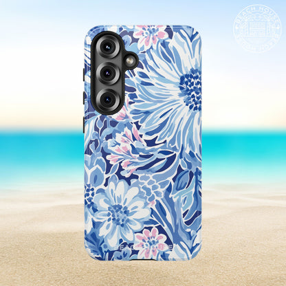 Huntington Tough Case for Galaxy with blue floral design on a beach background