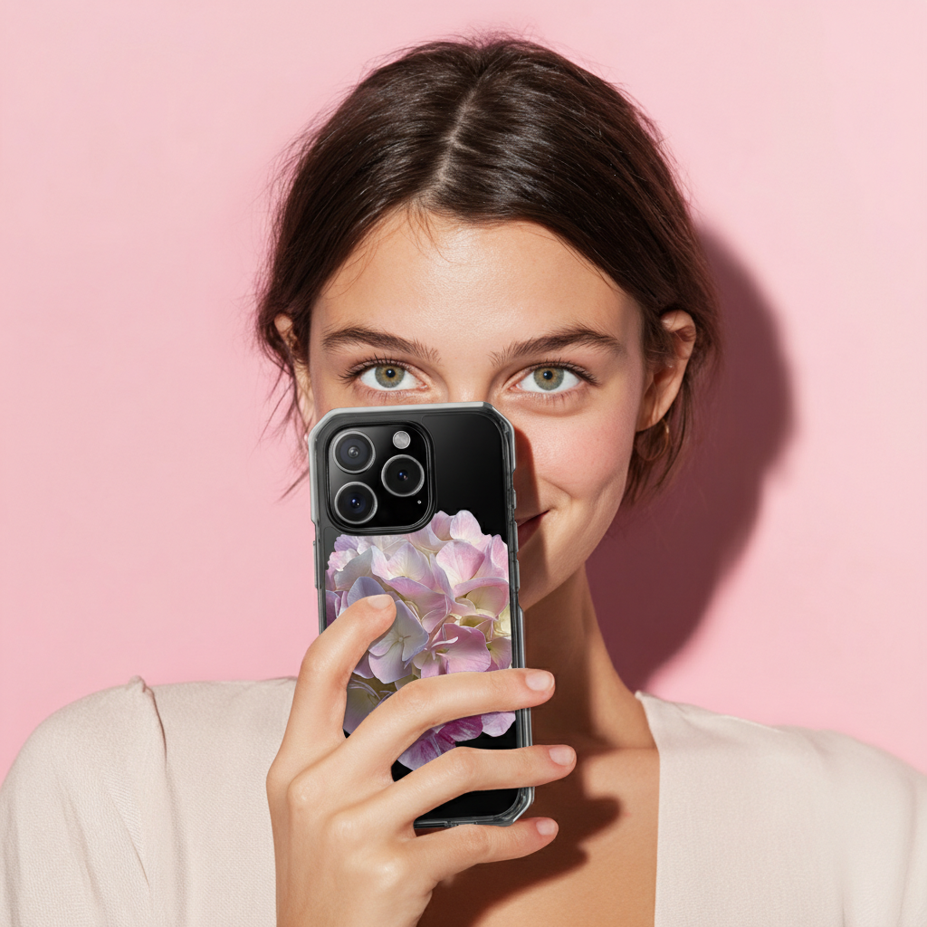 Person holding a phone with a floral case against a pink background