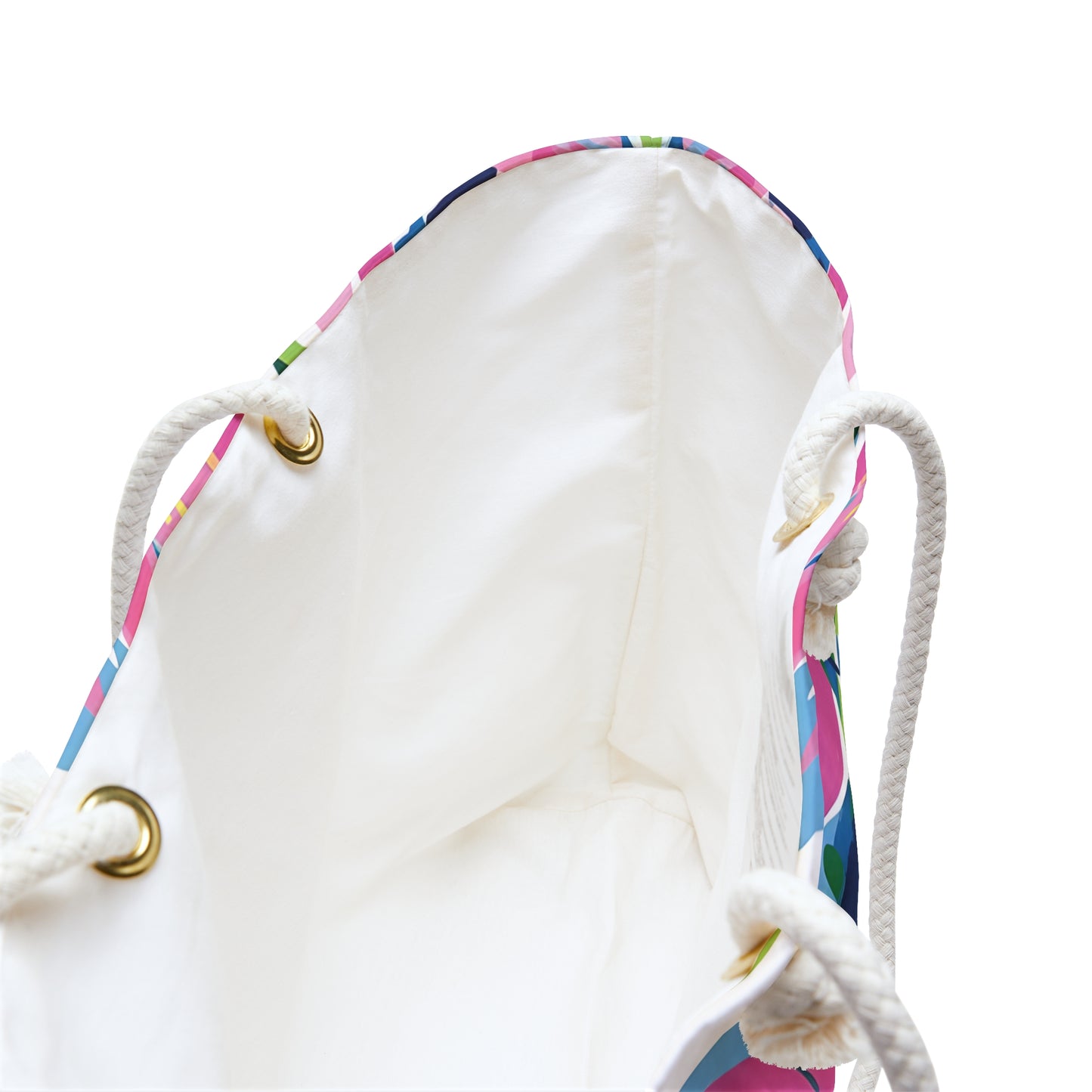 Interior view of the Everglades tote bag with white rope handles, on a white background