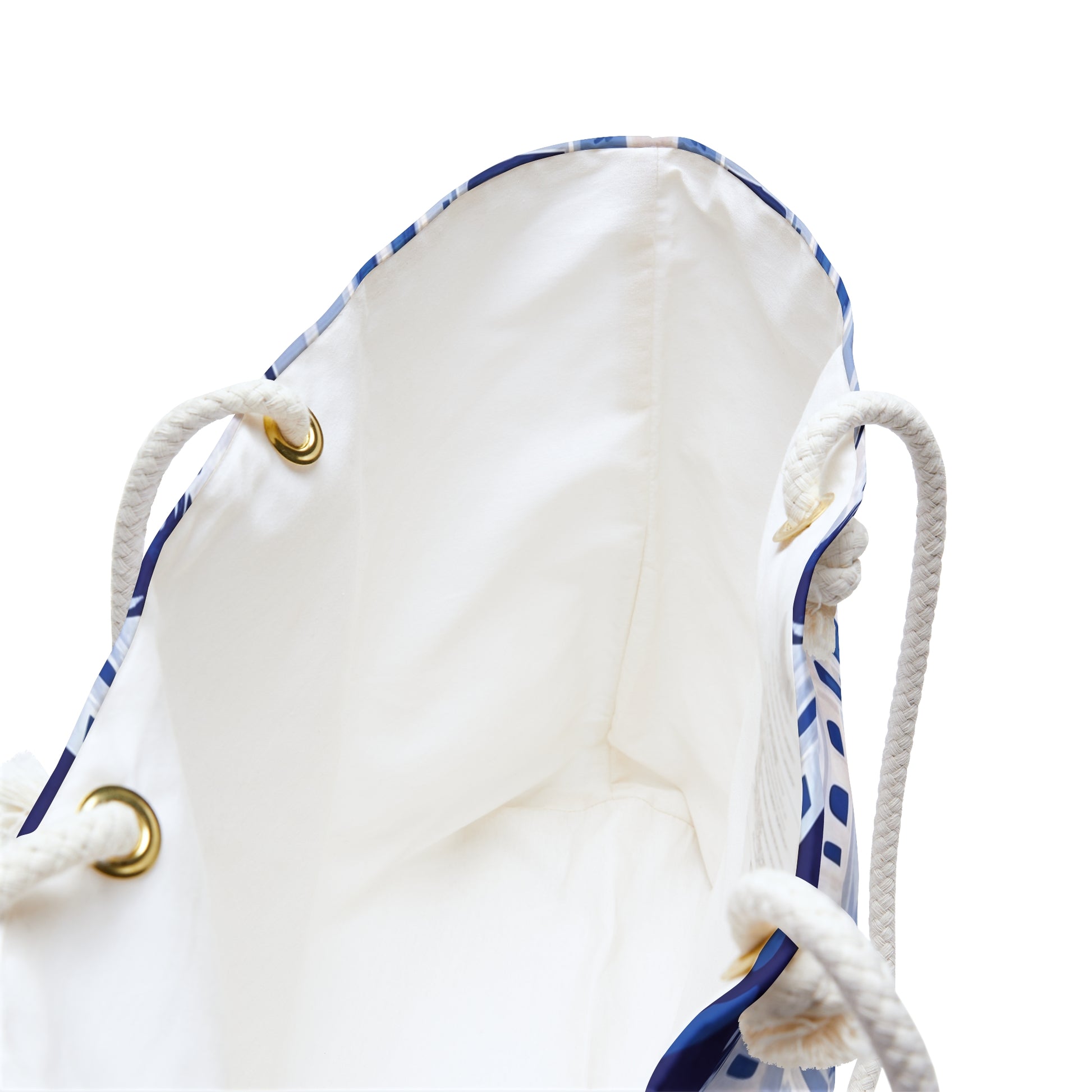 Interior view of Santorini Weekender tote bag with white rope handles on a white background