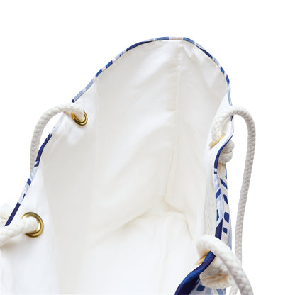 Interior view of Santorini Weekender tote bag with white rope handles on a white background