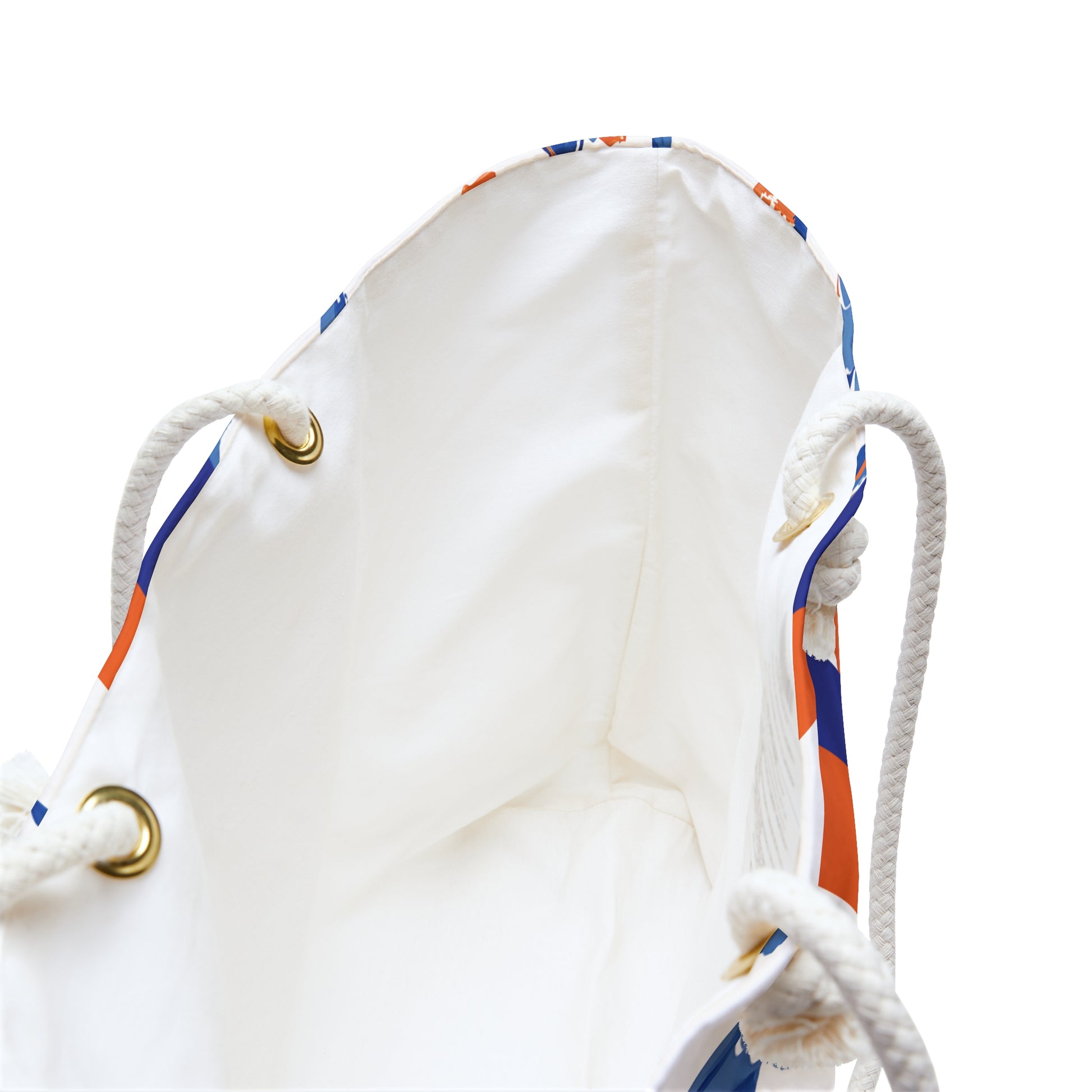 interior view of Gainesville Weekender Tote Bag with white rope handles on a white background