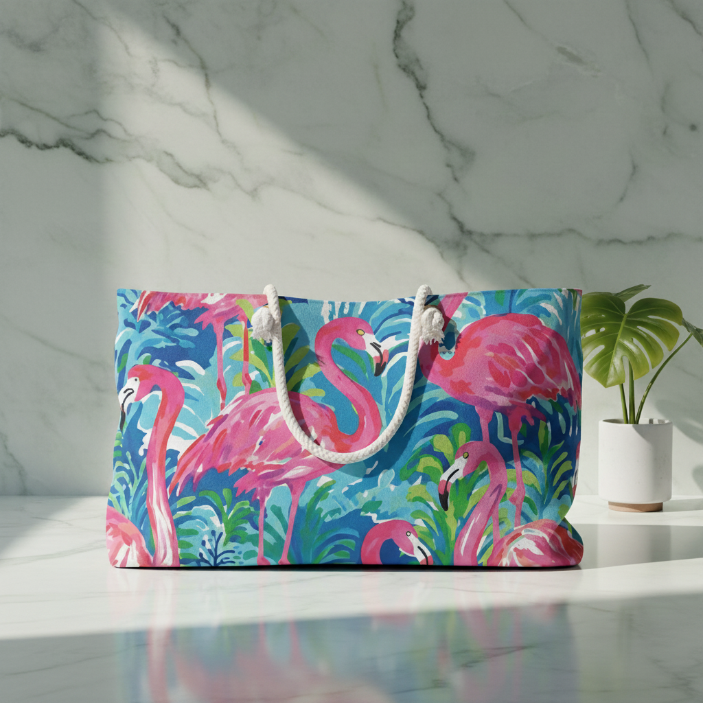 Colorful Key Largo Weekender tote bag with flamingo design on a marble surface