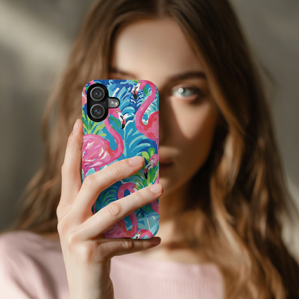 Woman holding a phone with a colorful flamingo Key Largo MagSafe Tough Case for iPhone