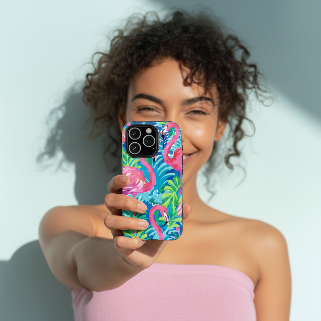 Woman holding a phone with a colorful flamingo case against a light blue background