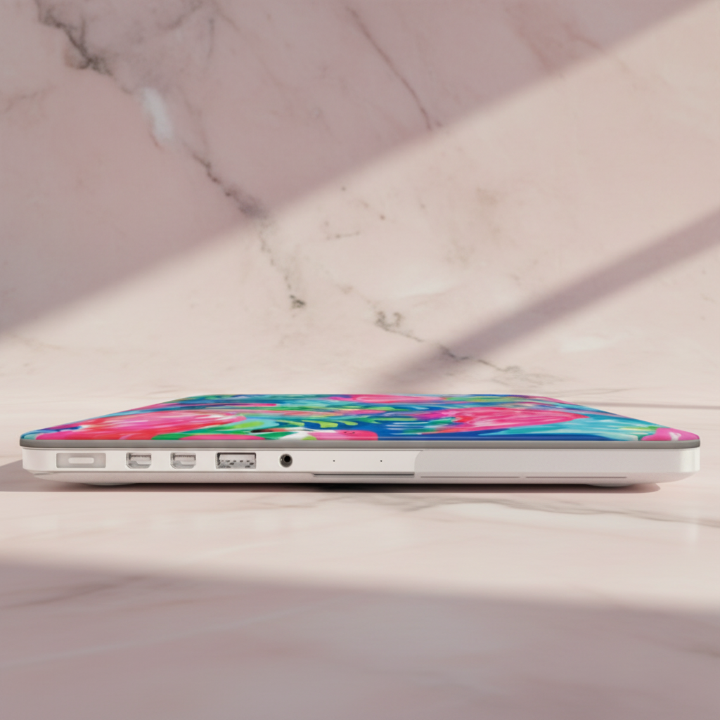 Key Largo MacBook Case with a colorful design, on a marble surface