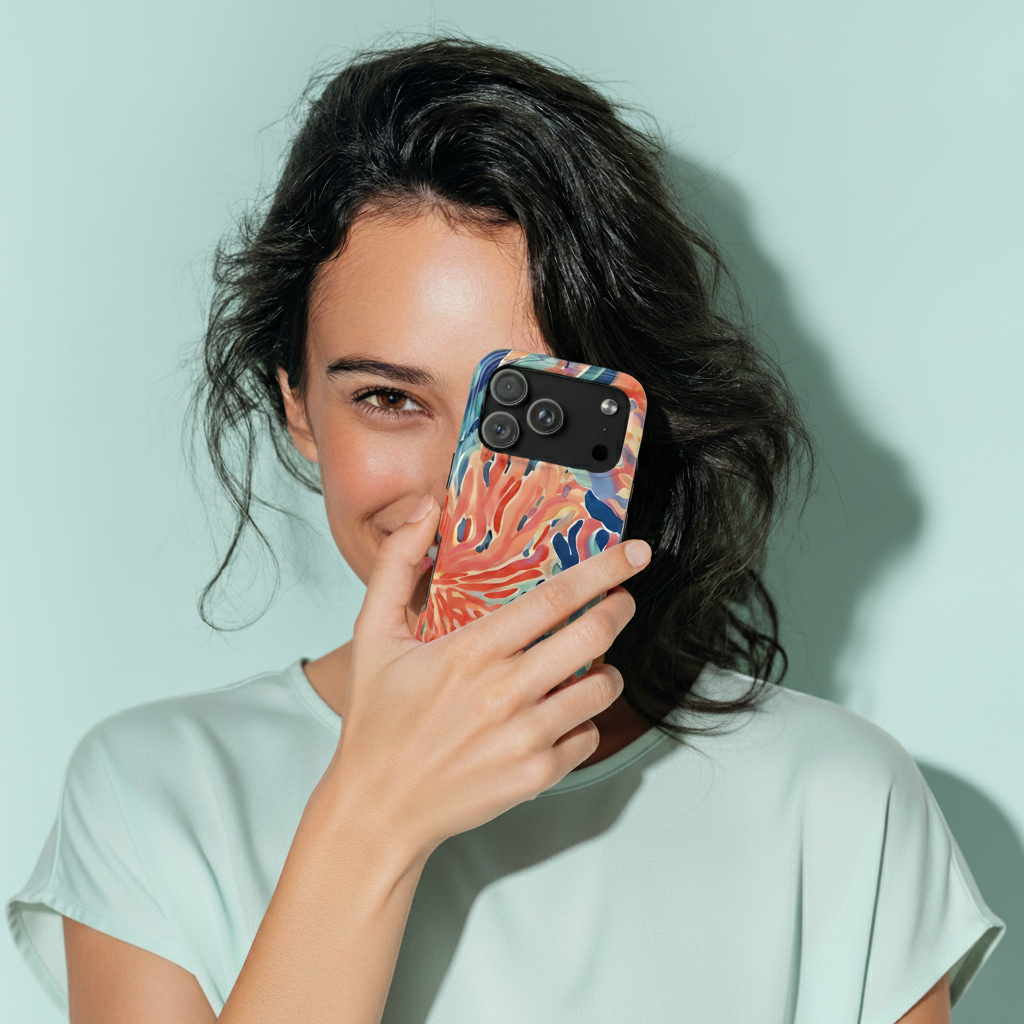  Woman holding a phone with a colorful Key Biscayne case against a light green background