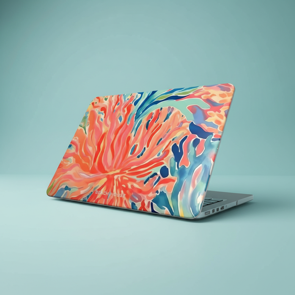 Key Biscayne MacBook Case with a colorful coral design on a light blue background