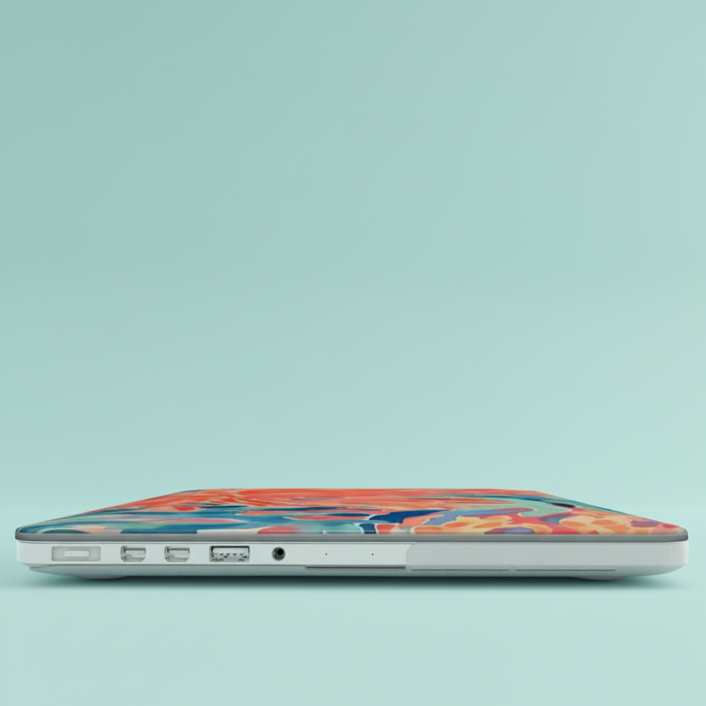 Side view of Laptop with a colorful Key Biscayne MacBook Case on a light blue background