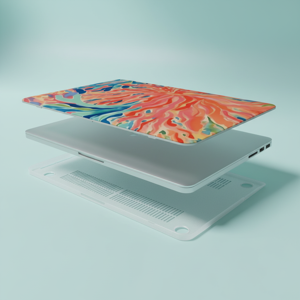 Top and bottom layers of the Key Biscayne MacBook Case next to a laptop, on a light blue background