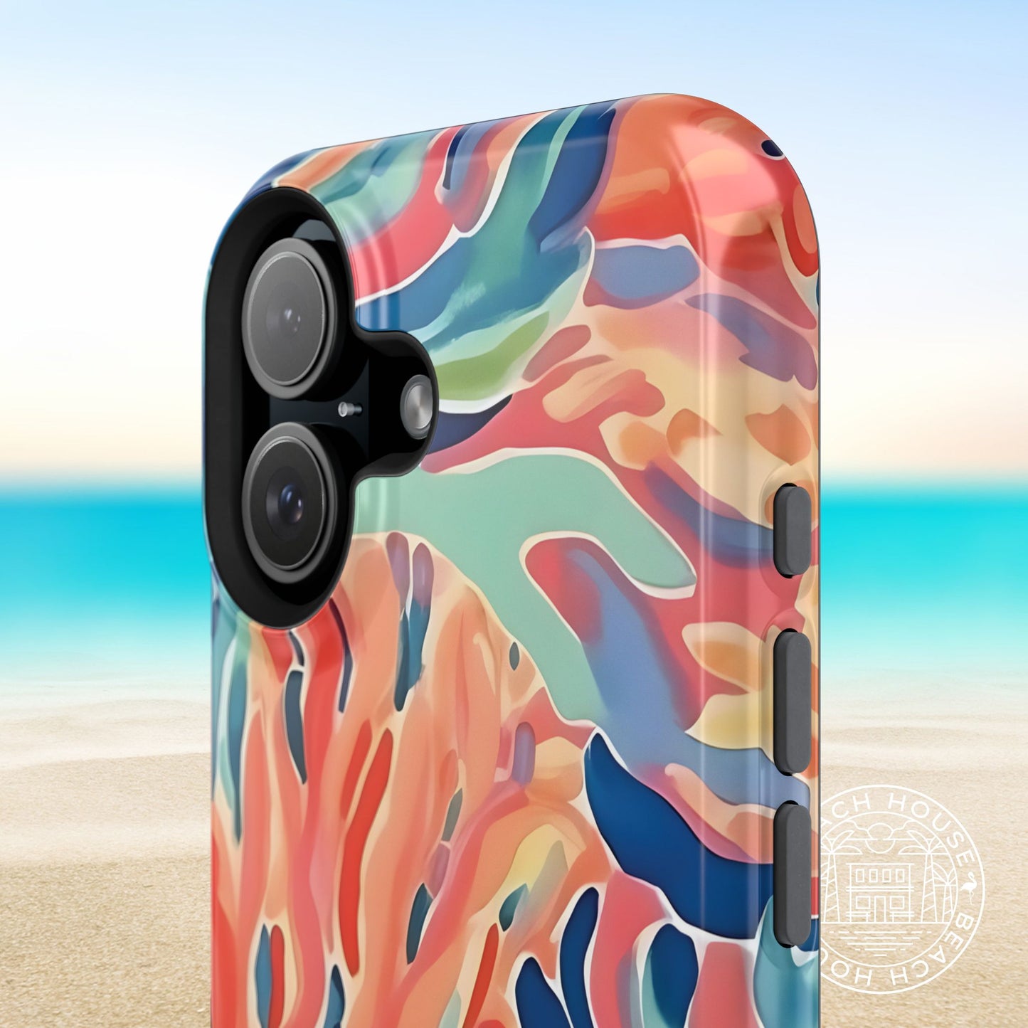 Colorful abstract phone case with a beach background