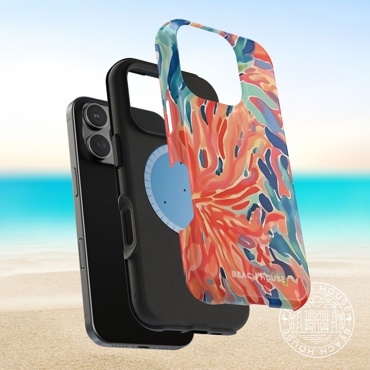 Layers of the Colorful Key Biscayne MagSafe Tough phone case with a beach theme on a blurred beach background