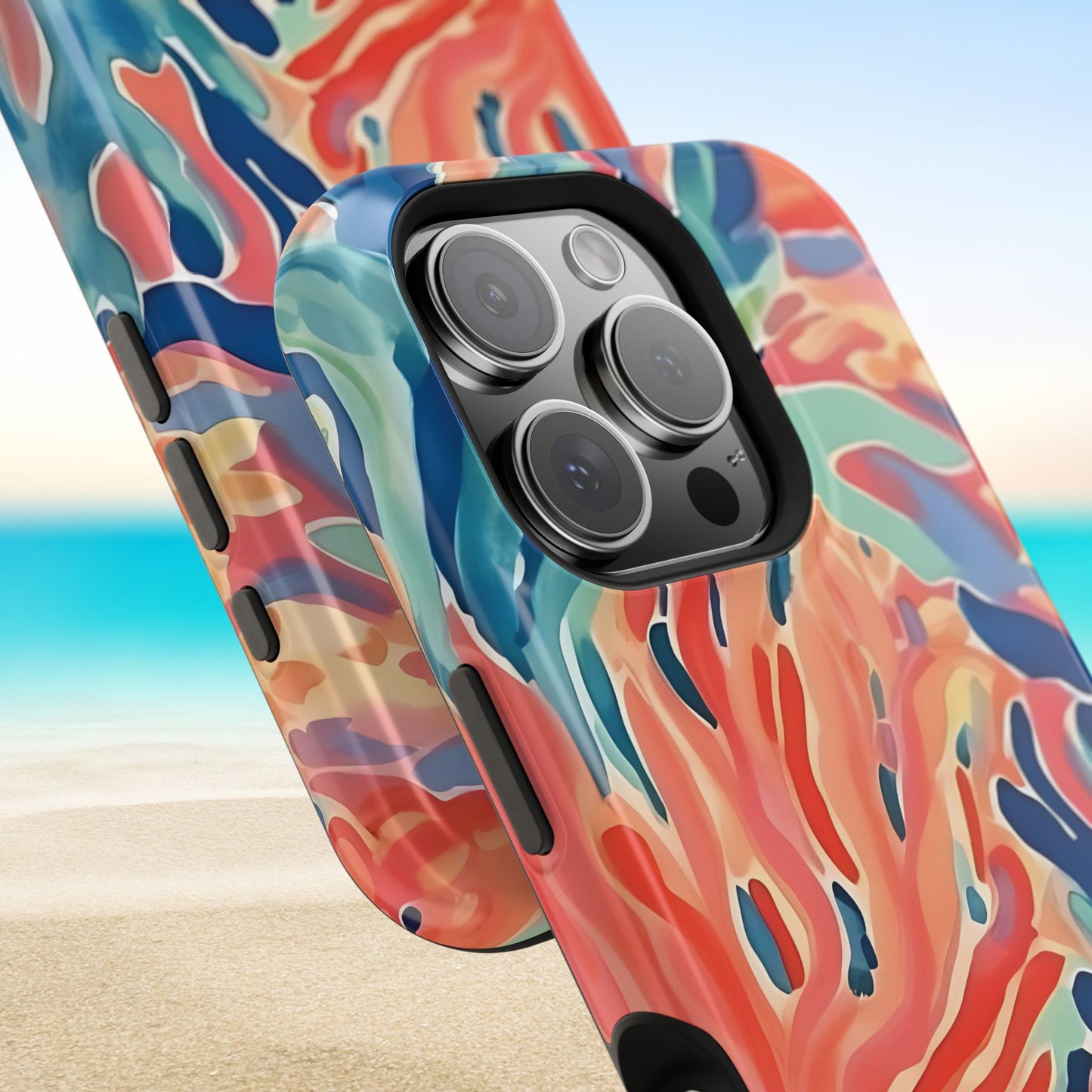 Top and bottom views of the Colorful Key Biscayne MagSafe Tough phone case with a beach background