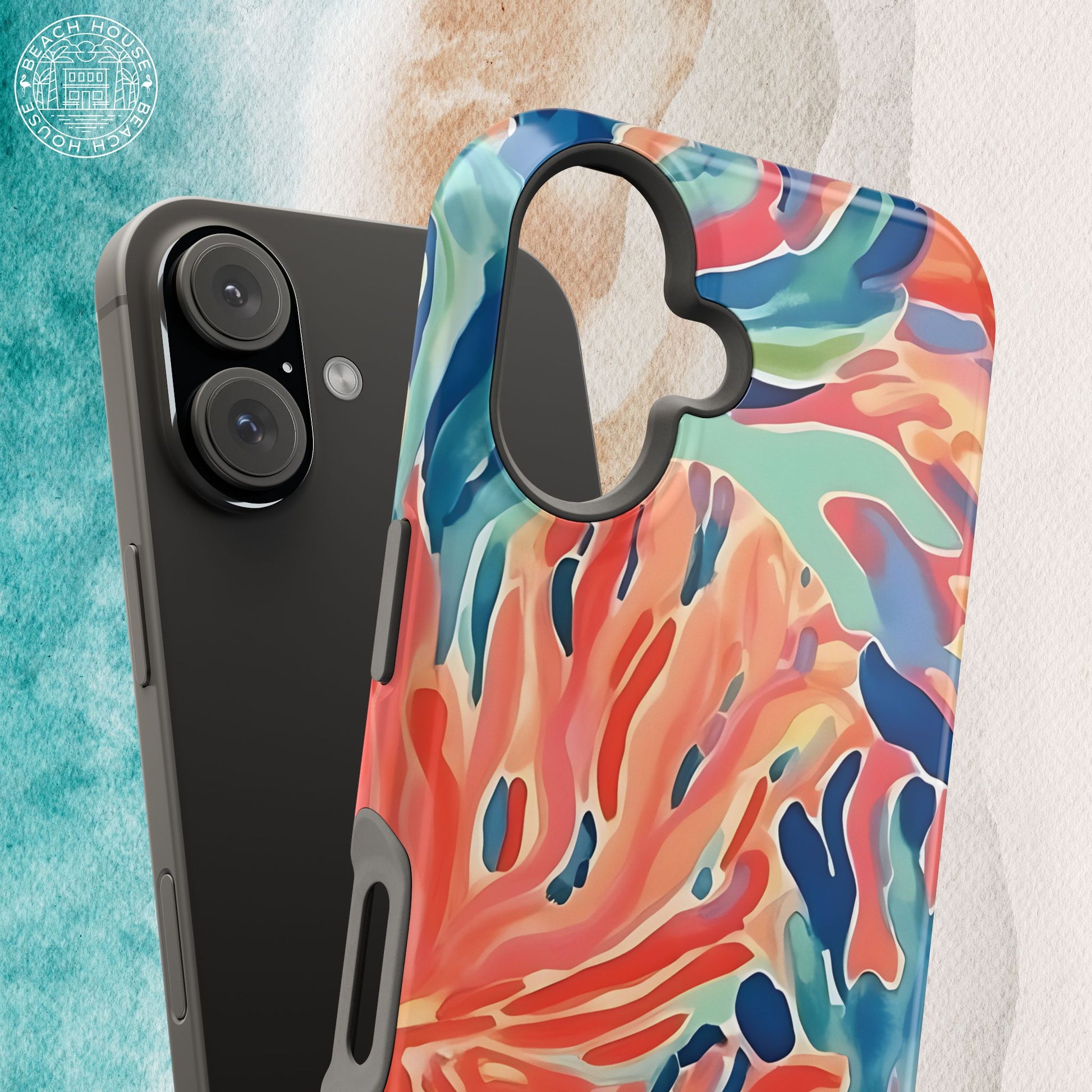 Colorful phone case with a ring holder on a textured background