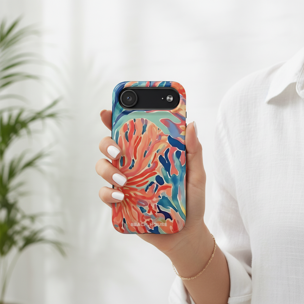 Person holding a phone with a colorful Key Biscayne Tough Case for iPhone against a white background