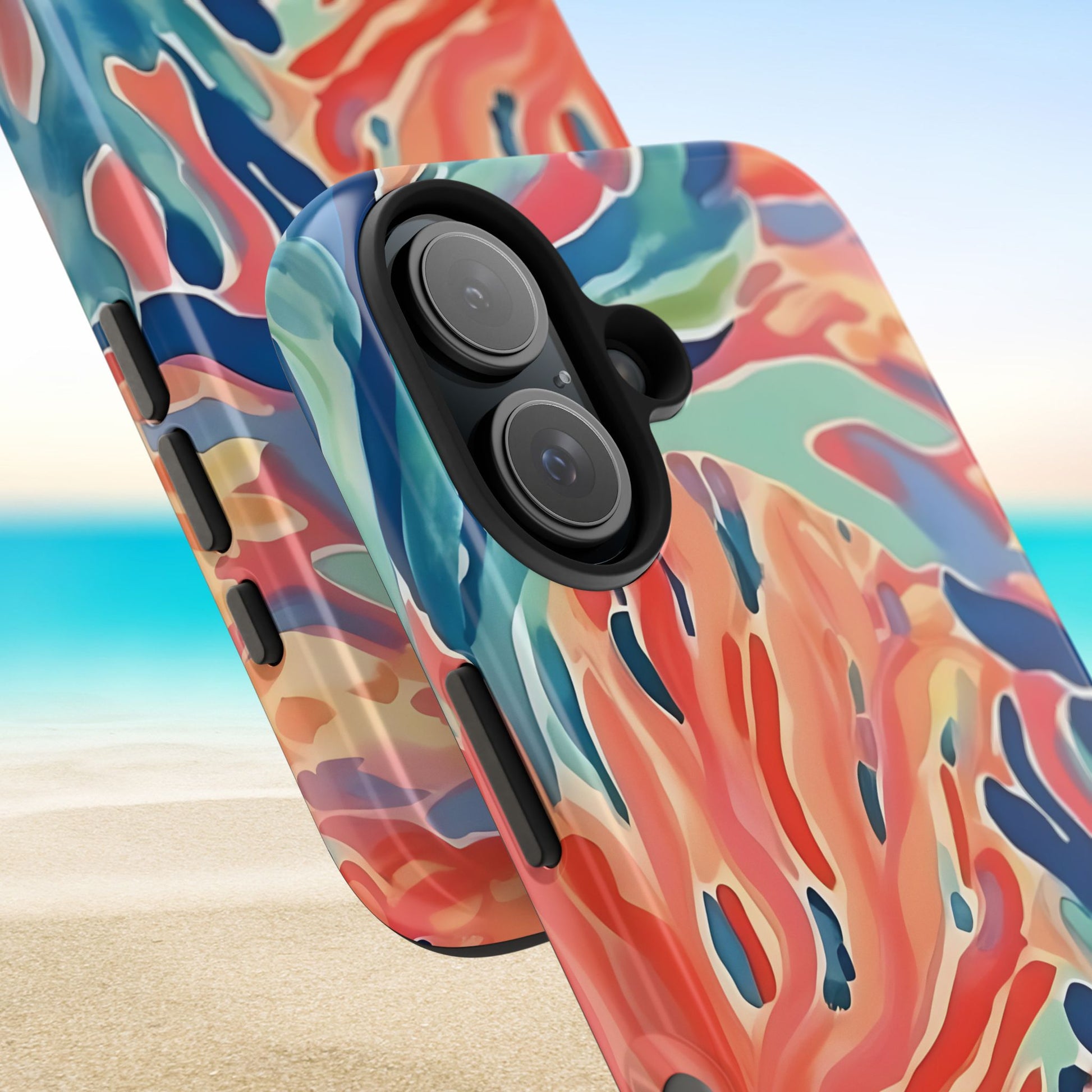 Close up views of the Key Biscayne Tough Case for iPhone with a beach background