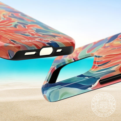 Top and bottom views of the Key Biscayne Tough Case for iPhone with a beach background
