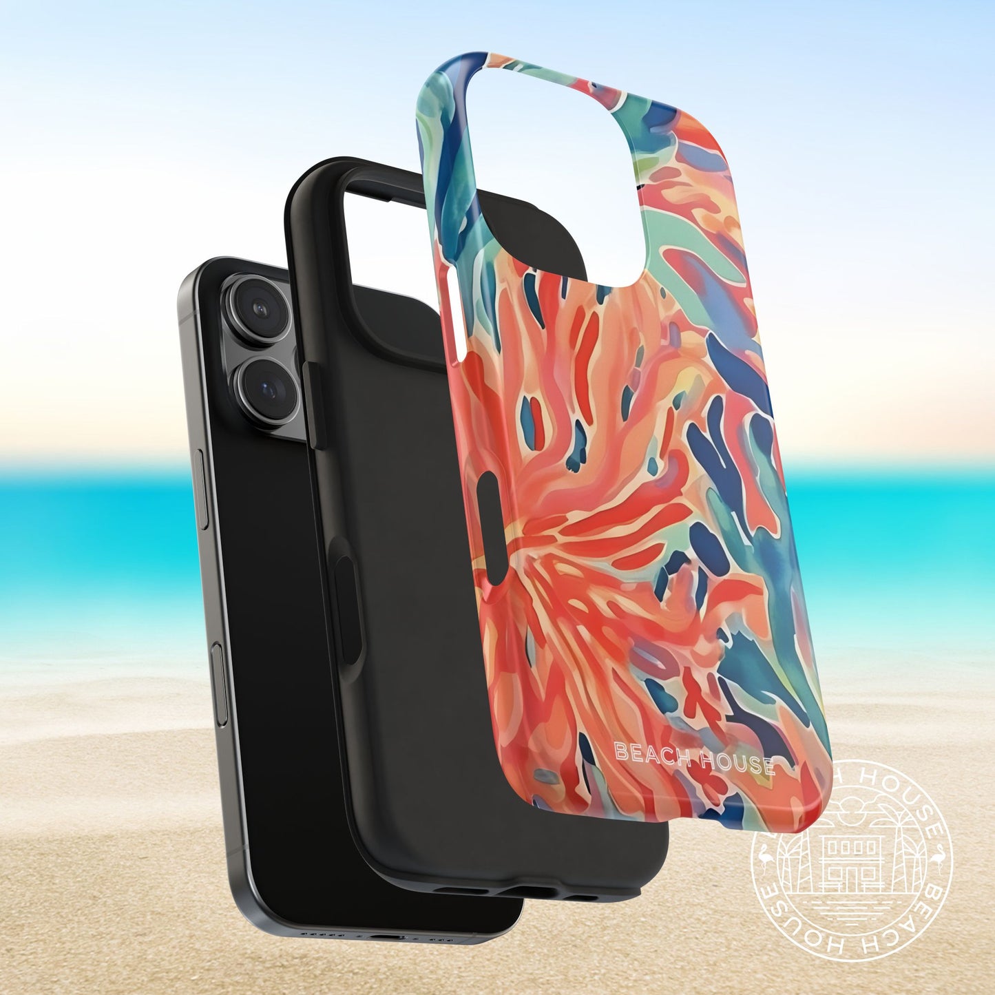Layers of the Key Biscayne Tough Case for iPhone on a beach background