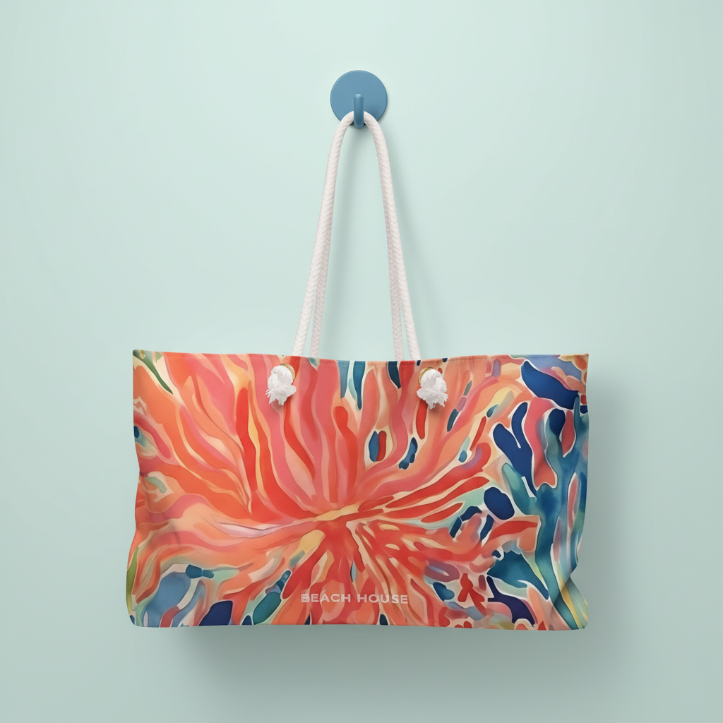 Colorful Key Biscayne Weekender Tote Bag with coral design hanging on a hook against a light blue background