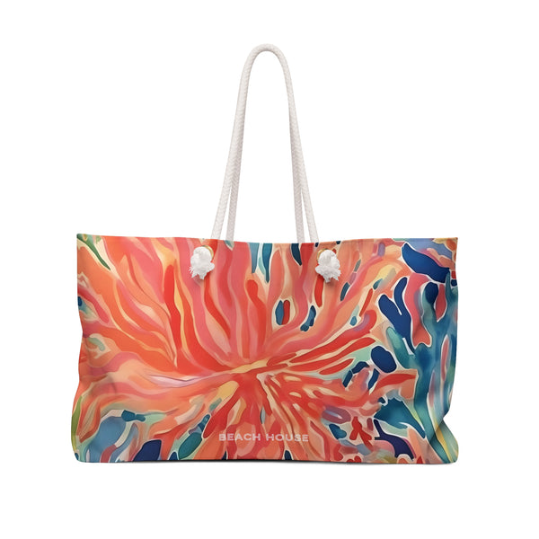 Key Biscayne Weekender Tote Bag with coral design on a white background