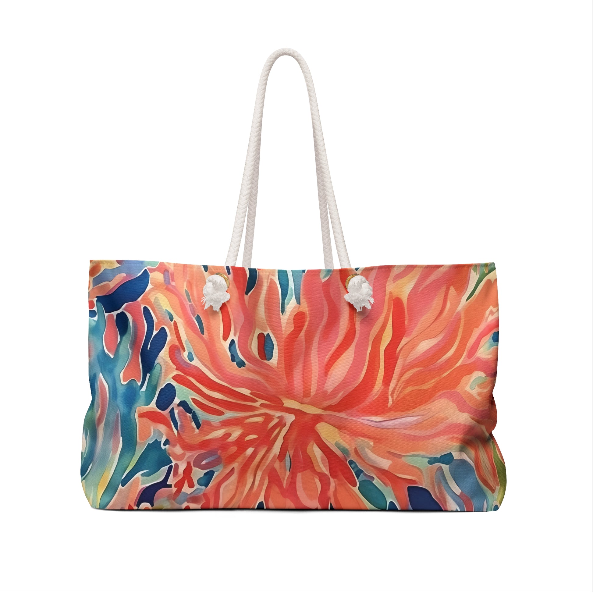 Back view of the Key Biscayne Weekender Tote Bag patterned bag with a white handle on a white background