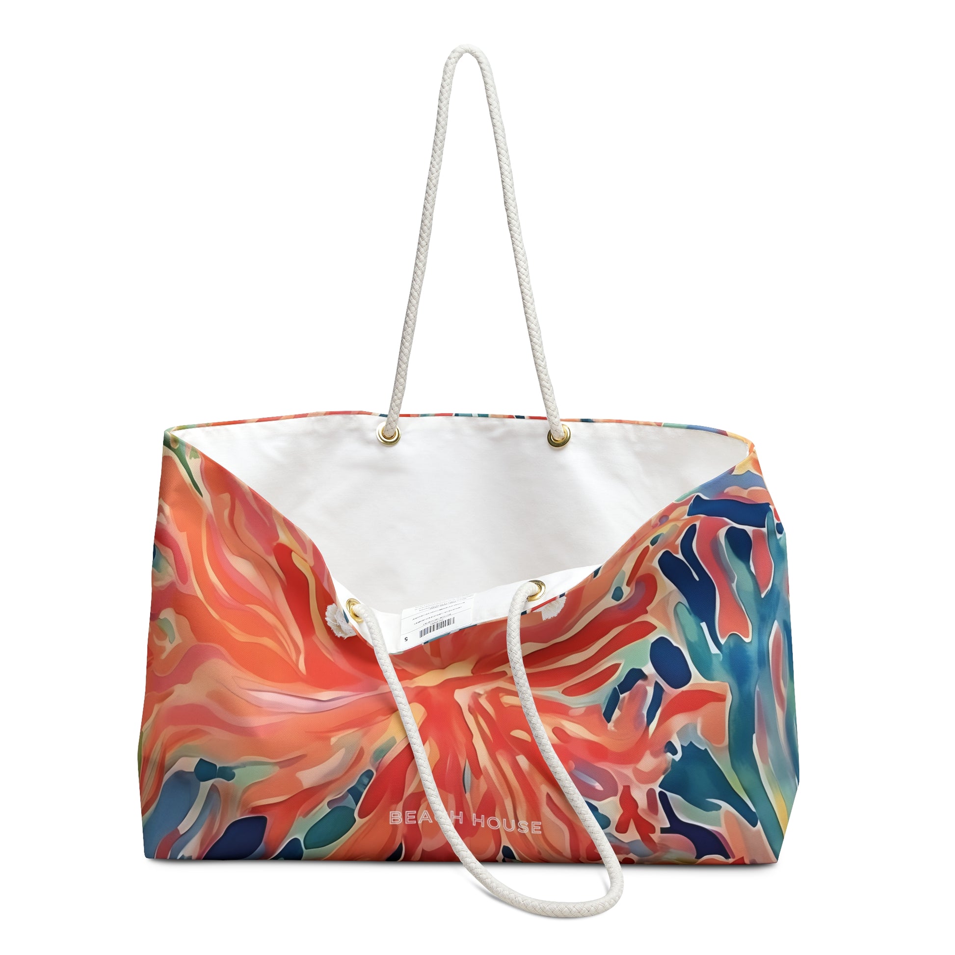 Colorful tote bag with abstract design on a white background