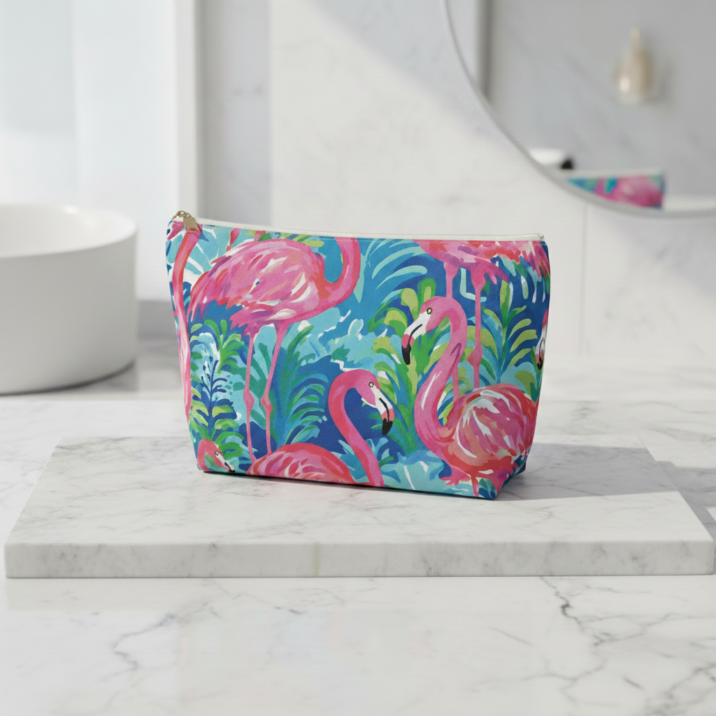 Colorful makeup bag with flamingo design on a marble surface