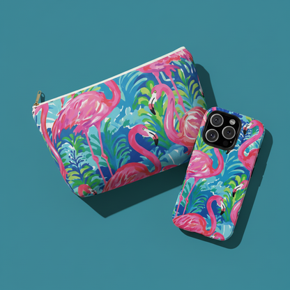 Flamingo-patterned pouch and phone case on a teal background