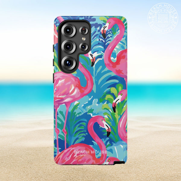 Key Largo Tough Case for Galaxy with flamingo design on a beach background