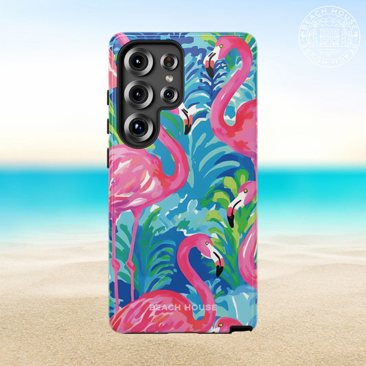 Key Largo Tough Case for Galaxy with flamingo design on a beach background