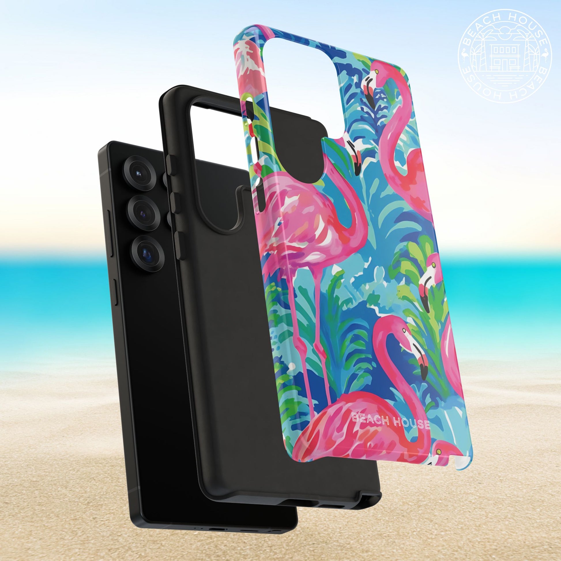 Layers of the Key Largo Tough Case for Galaxy with flamingo design on a beach background