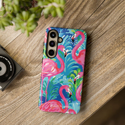 Key Largo Tough Case for Galaxy with tropical flamingo design on a wooden surface