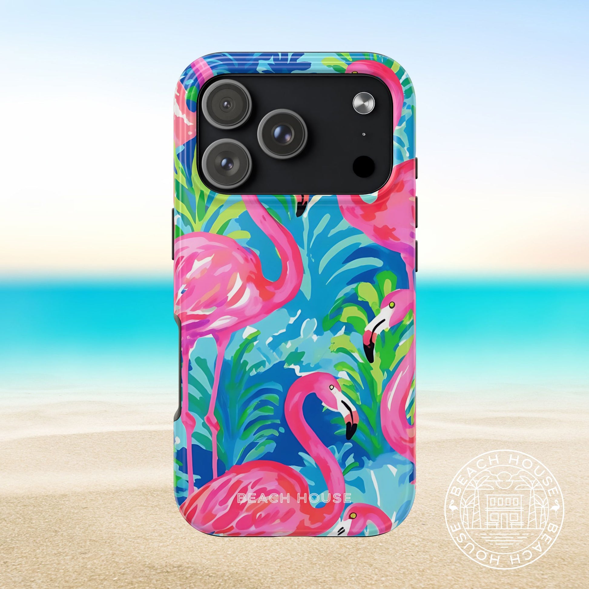 Key Largo Tough Case for iPhone 17 Pro with flamingo design on a beach background