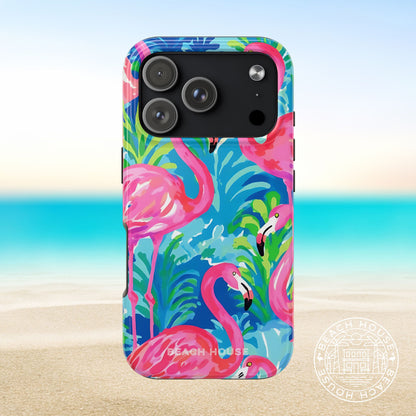 Key Largo Tough Case for iPhone 17 Pro with flamingo design on a beach background
