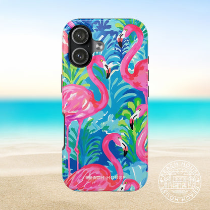 Key Largo Tough Case for iPhone 17 with flamingo design on a beach background