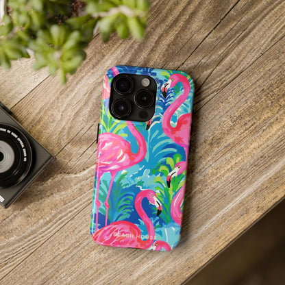 Key Largo Tough Case for iPhone with colorful flamingo design on a wooden surface