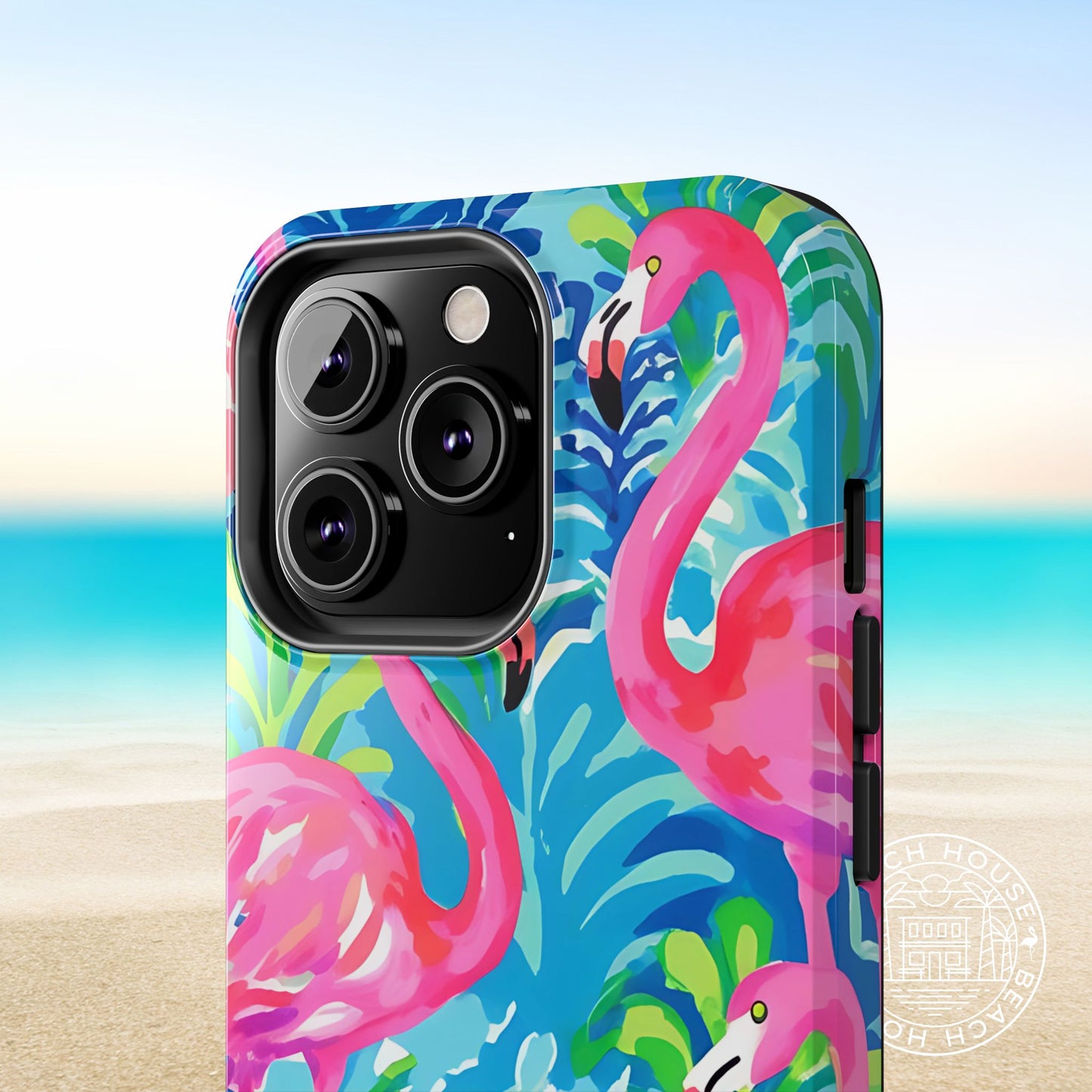 Close up view of the tropical flamingo design on the Key Largo Tough Case for iPhone