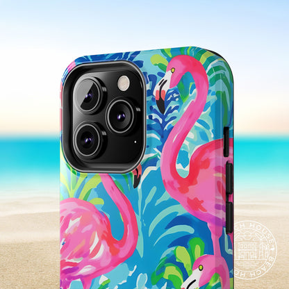 Close up view of the tropical flamingo design on the Key Largo Tough Case for iPhone