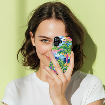 Woman holding a colorful Kiawah case for iPhone with a palm tree design against a light green background