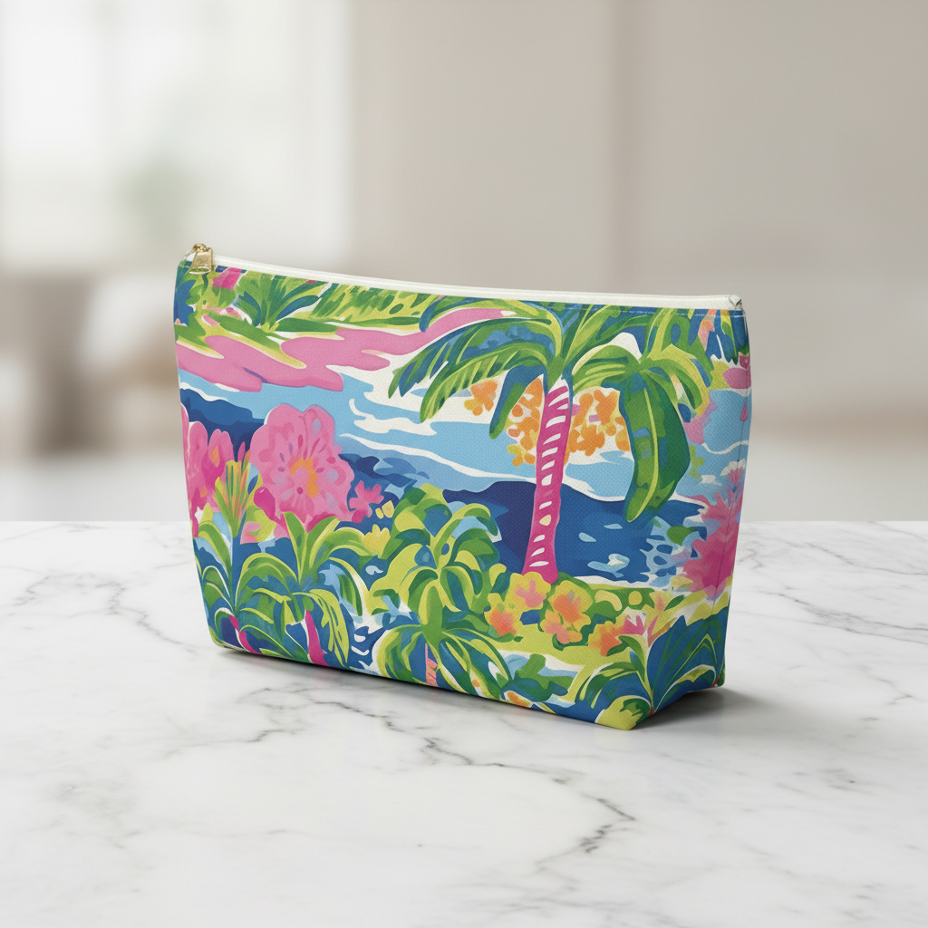 Colorful pouch with tropical design on a marble surface