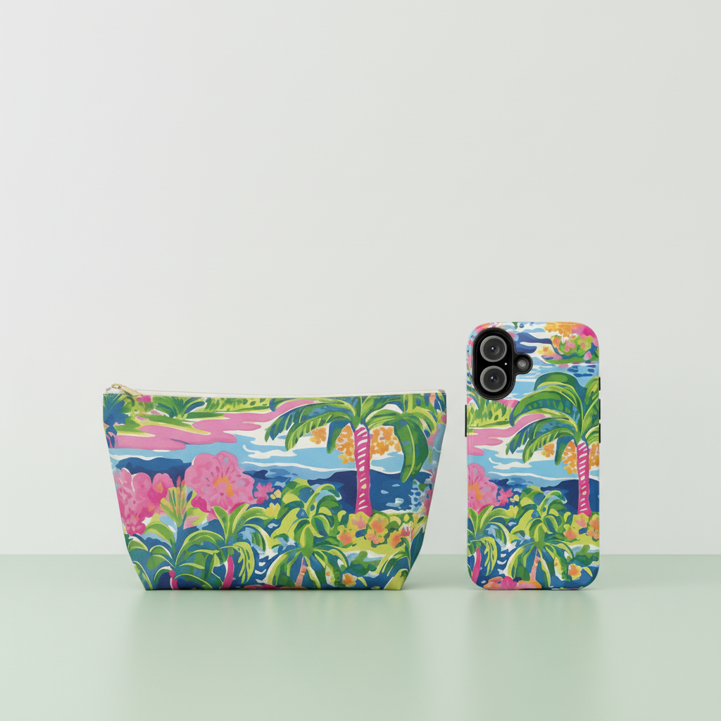 Tropical patterned pouch and phone case on a white background
