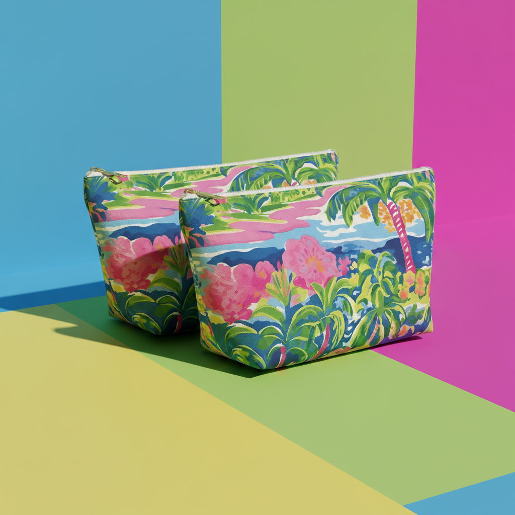 Two colorful pouches with tropical designs on a multicolored geometric background